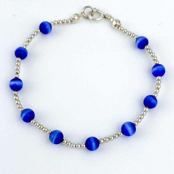 Vintage Sterling Silver 925 5mm Blue Synthetic Cat's Eye Bracelet 7" - Picture 1 of 5